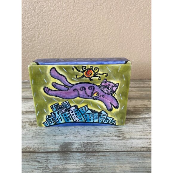 Happy Cat by Outi “City Cat” Hand Painted Ceramic Trinket Box Cat Lover Gift Col - Picture 2 of 15